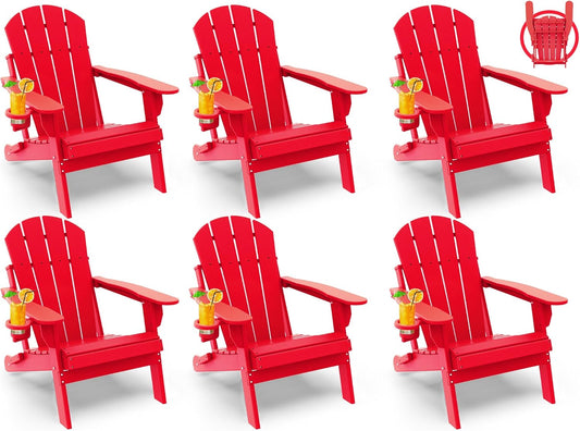 GREENVINES Folding-Adirondack-Chairs-Set-of-6 | HDPE Plastic | Fire Pit Chair | All Weather | Cup Holder | Red | for Deck Backyard Patio Outdoor Garden
