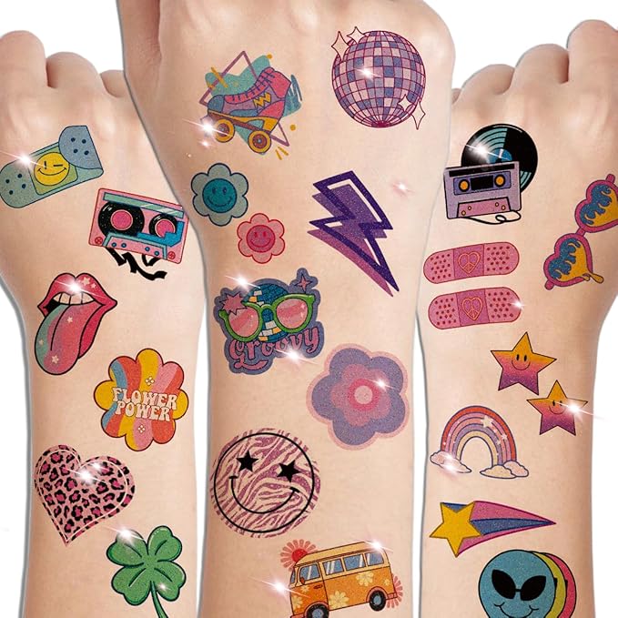 Glitter Groovy 70s Temporary Tattoos for Kids - 74 Individually Sheets Glitter Retro Flower Power, Smiley Decorations Tattoos Stickers for Boys Girls Party Supplies