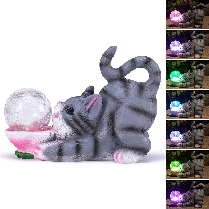 HUYIENO Solar Garden Statue Outdoor Cat Decor Figurine Lights Waterproof Garden Decor with Solar Crackled Ball Lights Housewarming Gifts for Yard,Patio,Lawn