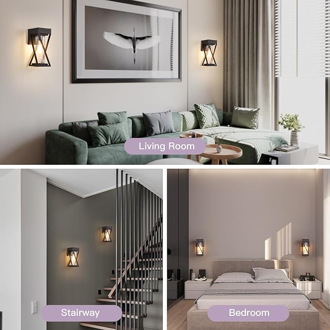 Outdoor Wall Lights Set of 2, Exterior Sconce Lighting Fixtures, Black Outdoor Porch Lights, Outdoor Wall Lantern with Clear Stripe Glass for Patio, Garage