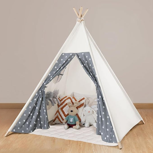 Teepee Tent for Kids Slumber Party with Mat & Light & Carry Case - Kids Cotton Canvas Play Tee Pee Tent Indoor Outdoor Folding for Boys and Girls Gift - Tipi Play House Garden Picnic Tents Child