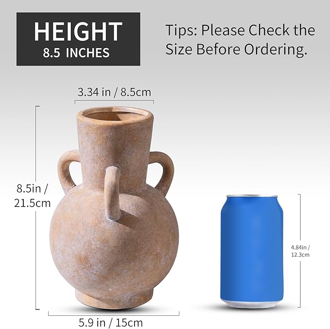 Beige Vintage Terracotta Ceramic Vase with Handles, Rustic Pottery Tulip Vase for Cottage Core Home Mantle Decor, Large Bulk Flower Vases Farmhouse Table Centerpieces, Jarrones Decorativos para Sala