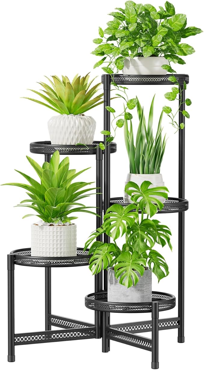 iDavosic.ly 5 Tier Large Plant Stand Indoor with 10-Inch Wide Drainage Tray, Tiered Corner Metal Outdoor Flower Display Holder Shelf, Folding Tall Rack for Patio Porch Balcony, Black Iron Carving
