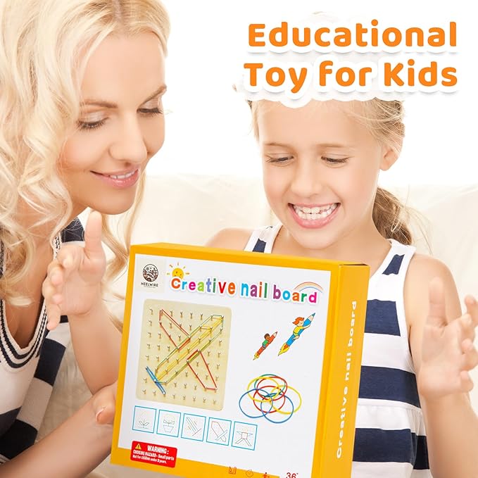 2Pack Wooden Geoboard,Montessori Toy,Graphical Mathematical Education Toy for Kids with Pattern Cards and Rubber Bands to Figures and Shapes, Brain Teaser STEM Toy Geo Board.