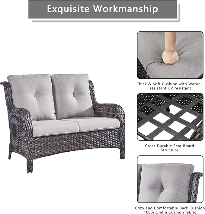 Outdoor Wicker Patio Furniture Set - 6 Piece Rattan Patio Conversation Set with 2 Rocking Swivel Chairs,2 Ottomans,1 Loveseat and 1 Side Table for Porch Deck Backyard Garden(Brown/Grey)