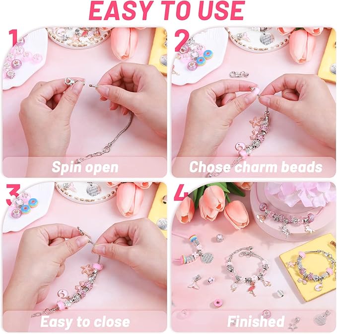 Flasoo DIY Charm Bracelet Making Kit, Jewelry Kit with Unicorn Mermaid Pink Stuff Craft Gifts for Birthday, Christmas, New Year