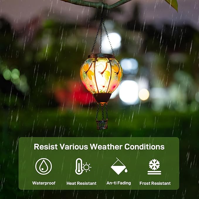 Dragonfly Solar Hot Air Balloon Lantern with Flame, Glass Hot Air Balloon Solar Lantern Outdoor Waterproof, Decorative Hanging Hot Air Balloon Solar Light for Outside Garden Patio Yard