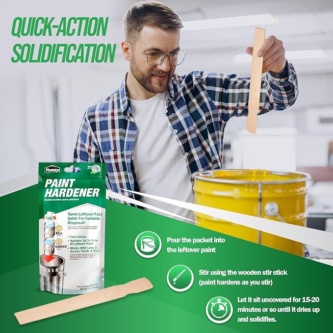 Homax Waste Away Paint Hardener, 12 Packs, 3.5oz - Fast Acting Solidifier for Disposal - Drying Powder for Acrylic & Latex With 25 Pcs. of 14 Inch Wooden Stir Sticks