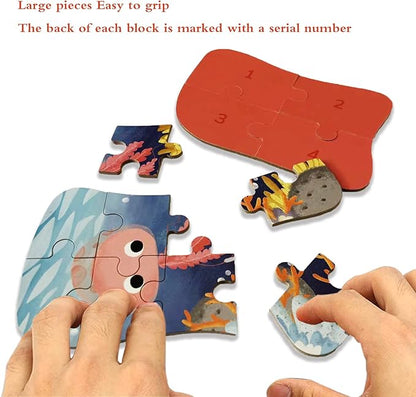 Wooden Floor Puzzles Set for Toddler Age 2-4 Easy 5 Pack 4 to 12 pcs Large Ocean Animal Beginner Puzzles for Early Educational Toy