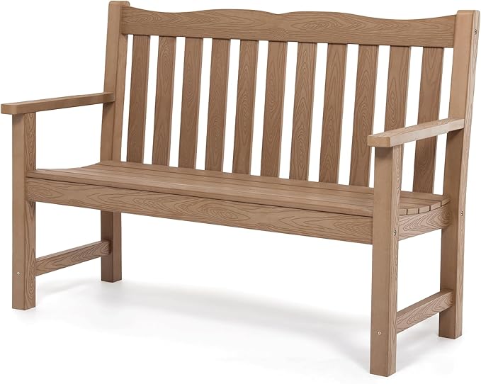 Outdoor Bench, 2-Person Poly Lumber Garden Bench, All-Weather Outside Bench with 800 lbs Weight Capacity, Never Rot or Fade, Looks Like Real Wood, Teak