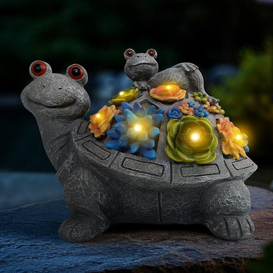J.CARP Outdoor Solar Garden Turtle Statue with Succulents and 7 LED Lights for Garden, Patio, Lawn, Outdoor Patio and Deck Decorations, Unique Housewarming Gifts