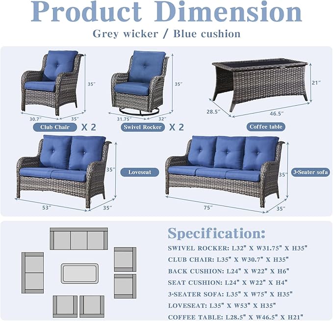 Outdoor Wicker Furniture Patio Set - 7 Piece Backyard Furniture Grey Rattan Conversation Sets with Swivel Rocker Chairs, Rattan Sofa, Club Chairs and Coffee Table, Blue Cushion