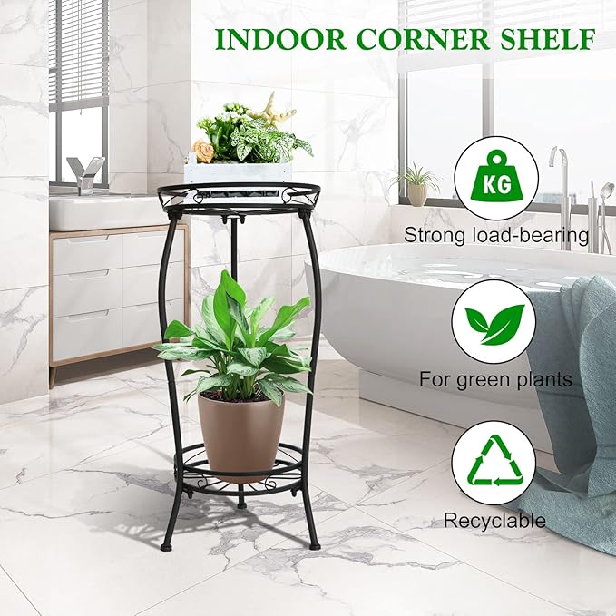 Plant Stand Indoor Outdoor,2 Tier 27inTall Metal Potted Holder Rack Flower Pot Stand Heavy Duty Plant Shelf Rustproof Iron Multiple Plant Round Supports Rack for Planter Corner Garden Balcony Patio