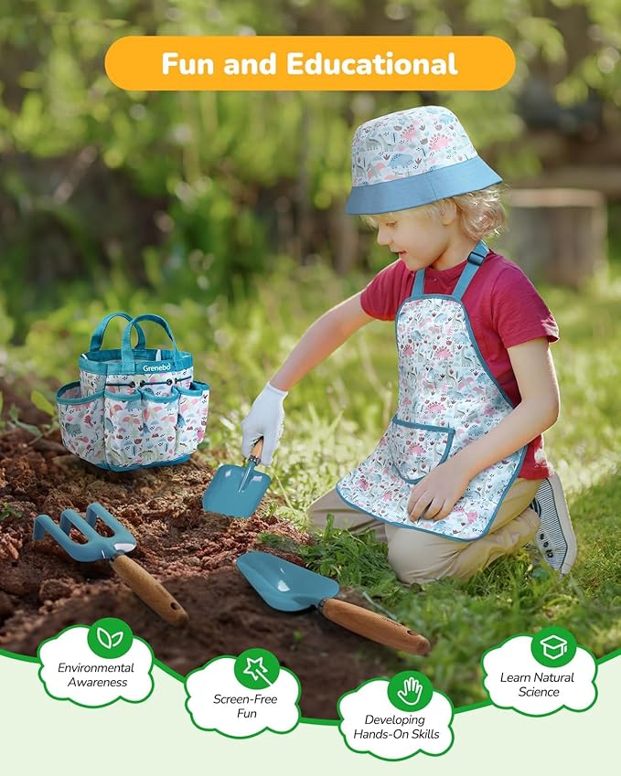Kids Gardening Set Toys, Quality Garden Tool Kit for Kids and Toddlers, Includes Two Shovels, Garden hat,Rake, Apron,Gloves, Watering Can, and Tool Bag (Blue)