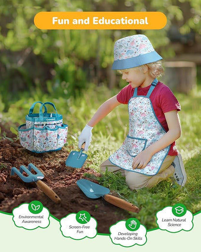 Kids Gardening Set Toys, Quality Garden Tool Kit for Kids and Toddlers, Includes Two Shovels, Garden hat,Rake, Apron,Gloves, Watering Can, and Tool Bag (Blue)
