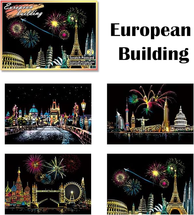 Georgie Porgy Scratch Paper Art A4 Set for Kids Adults Magic Rainbow Scratch Postcards Boards for DIY Arts and Crafts Kits Christmas Birthday Gift with Scratching Tools Kit (Beauty+Fireworks City)