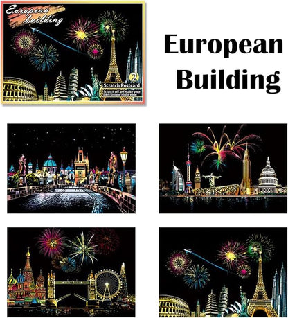 Georgie Porgy Scratch Paper Art A4 Set for Kids Adults Magic Rainbow Scratch Postcards Boards for DIY Arts and Crafts Kits Christmas Birthday Gift with Scratching Tools Kit (Beauty+Fireworks City)