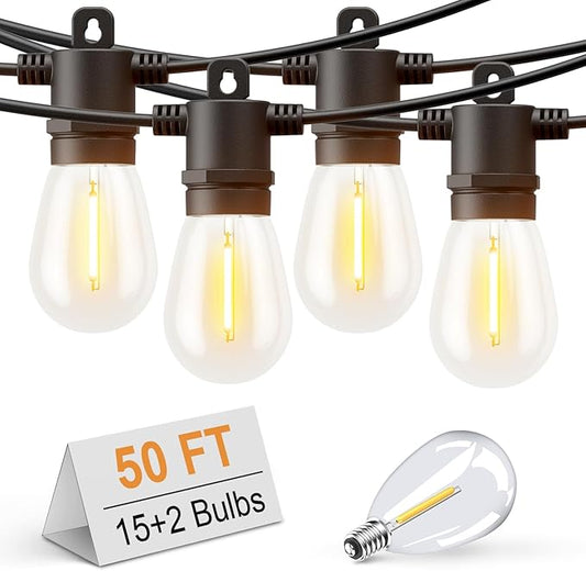 Svater Outdoor String Lights 50 FT, Patio Light for Outside with Shatterproof LED Bulbs, IP65 Waterproof Connectable Hanging Lights for Backyard, Bistro, Cafe, Balcony, Party, Black