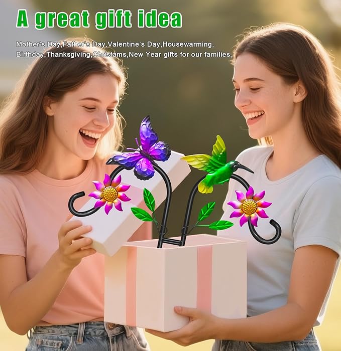 Double Shepherds Hooks for Outdoor, Artistic Hummingbird & Flower Design, 5 - Prong Base, Ideal for Bird Feeders, Baskets & Lanterns (1 Pack)