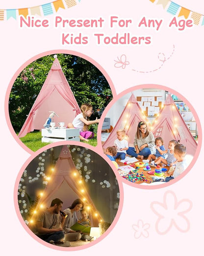 6 Pack Teepee Tent for Kids with Inflatable Airbed, Light, Toddler Tent Children Room Tents, Slumber Party Sleepover Tents, Indoor Outdoor Kids Playtent Playhouse for Girls & Boys