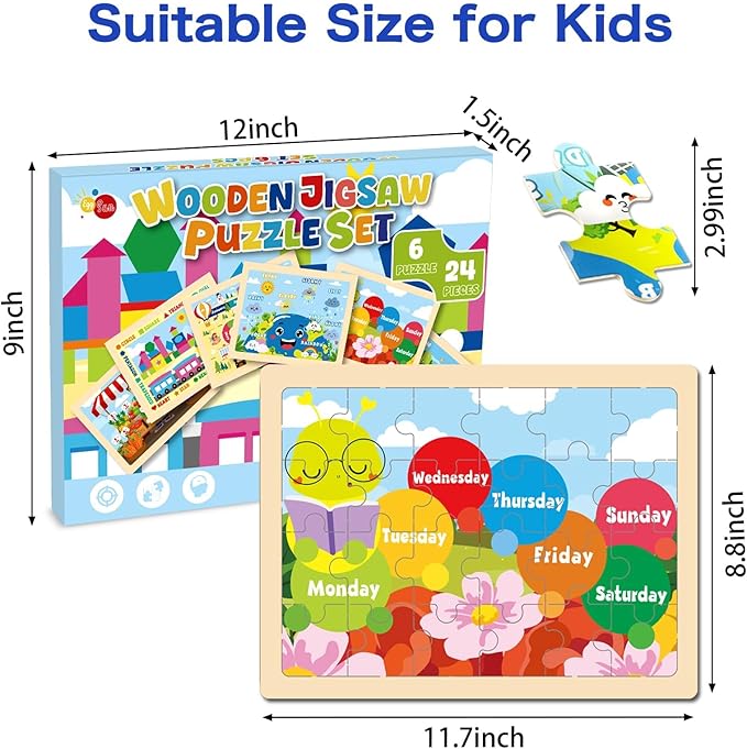 Christmas Wooden Puzzles for Toddlers 3-5,6 Packs 24Pcs Jigsaw Wooden Number Shape Puzzles for Ages 4-8,Preschool Educational Brain Toys Gifts for Boys and Girls 2 4 3 5 Year Old（Season）