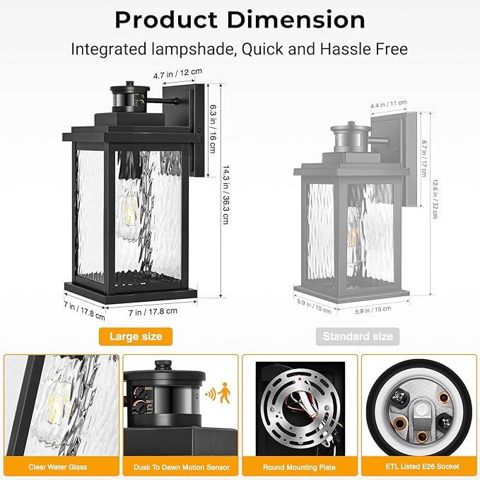 VIANIS Large Advanced Motion Sensor Outdoor Lights, Black Easy-to-Install Dusk to Dawn Outdoor Wall Lights, Aluminum Waterproof Porch Light with Water Glass for Porch, Garden, Front Door