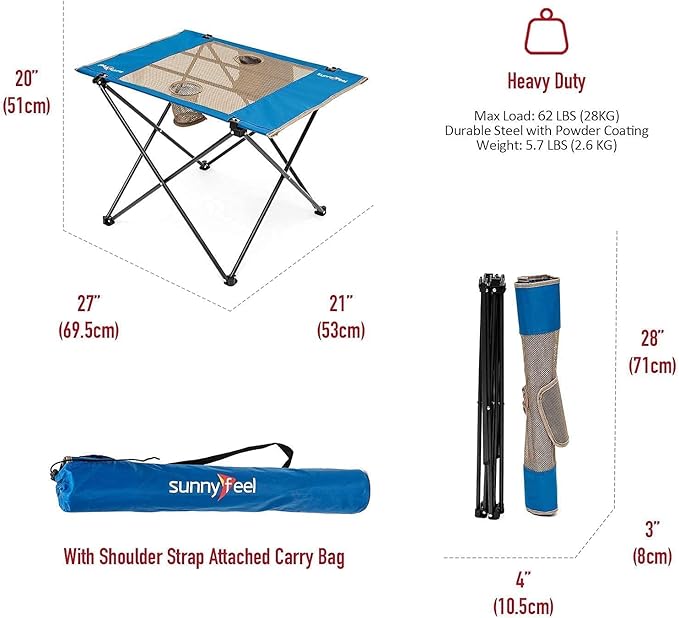 SUNNYFEEL Outdoor Folding Table | Lightweight Mesh Compact Camping Table, Roll Up Top 2 People Portable Camp Tables with Carry Bag for Picnic/Cooking/Beach/Travel/BBQ