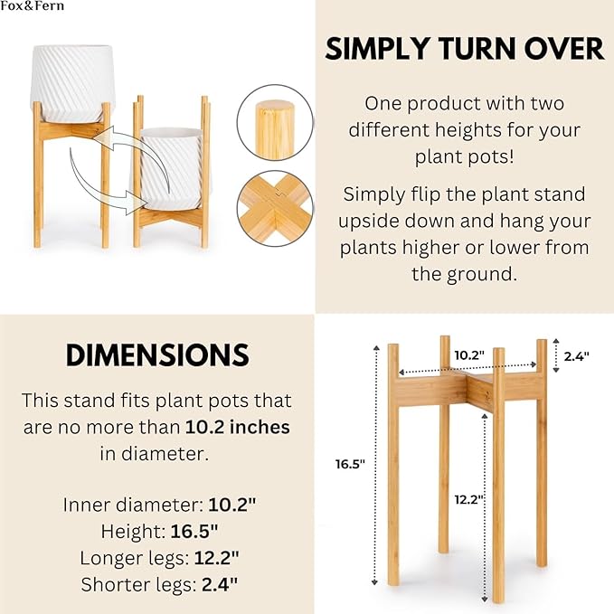 Fox & Fern Mid Century Tall Plant Stand — 10 Inch Fixed Size Raised Bamboo Plant Stand for Indoor Pots; Modern Flower Pot Holder with Plug In Design; Easy to Assemble; Two Height Options - Bamboo
