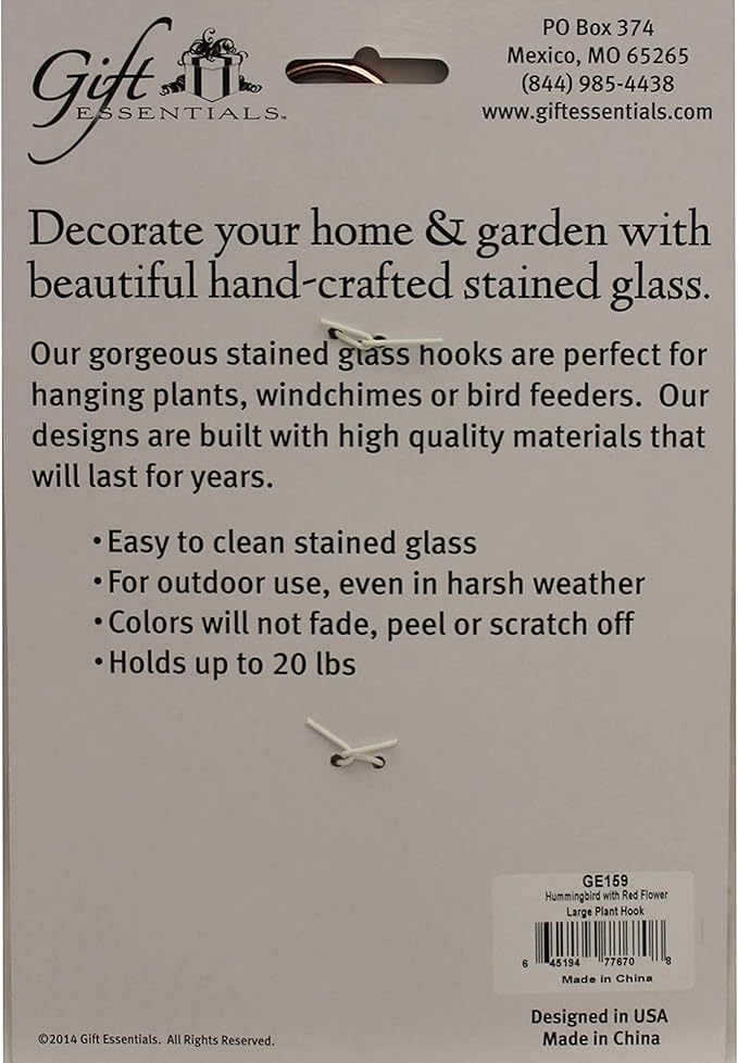 Stained Glass Window Plant Hanger - Hummingbird with Red Flower - Sun Catcher Plant Hook with Copper Hooks Top and Bottom for Indoor and Outdoor Use