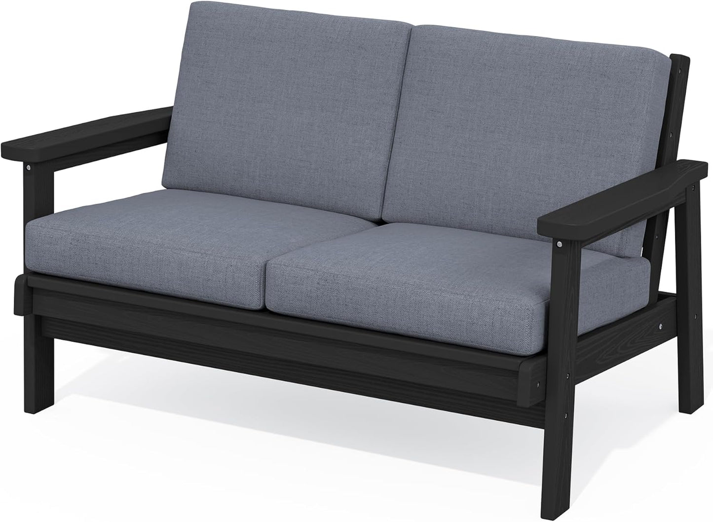 SERWALL HDPE Outdoor Patio Loveseat, Black Frame and Grey Cushion
