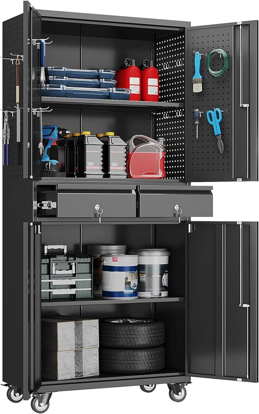 Metal Garage Storage Cabinet with Locking Doors and 2 Adjustable Shelves, Rolling Tool Storage Cabinet with 4 Wheels and 2 Drawer for Garage, Warehouse, Black, Assembly Required