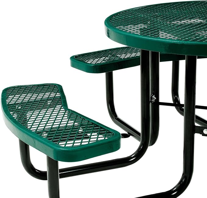 Global Industrial 46" Round Picnic Table, Expanded Metal, Green Thermoplastic Coating, Attached Benches, 1-1/2” Umbrella Pole Hole, Outdoor-Rated, 1000 lb Capacity