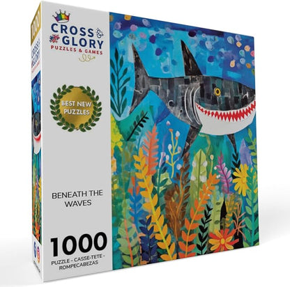 Cross & Glory - Beneath The Waves: Shark's Colorful Realm - 1000 Piece Jigsaw Puzzle for Adults & Kids 12+ | Vibrant Oceanic Art | Satin Finish | 20x27 Inches