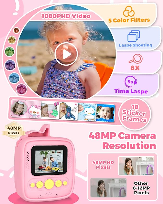 Kids Camera Instant Print, Christmas Birthday Gifts for Girls Age 3-8, 48MP &1080P Children Camera with Photo Paper, Portable Toy Instant Camera for Kids 3 4 5 6 7 8 9 10 Year Old Girls