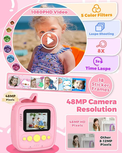 Kids Camera Instant Print, Christmas Birthday Gifts for Girls Age 3-8, 48MP &1080P Children Camera with Photo Paper, Portable Toy Instant Camera for Kids 3 4 5 6 7 8 9 10 Year Old Girls