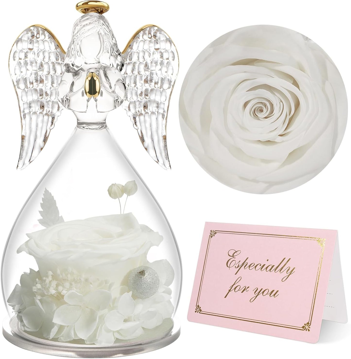 Yamonic Birthday Gifts for Women, Angel Figurines with Real Rose Gifts for Her Mom Grandma,Preserved Flowers Rose Angel Figurines for Mothers Day Christmas Anniversary Birthday Gifts for Her (White)
