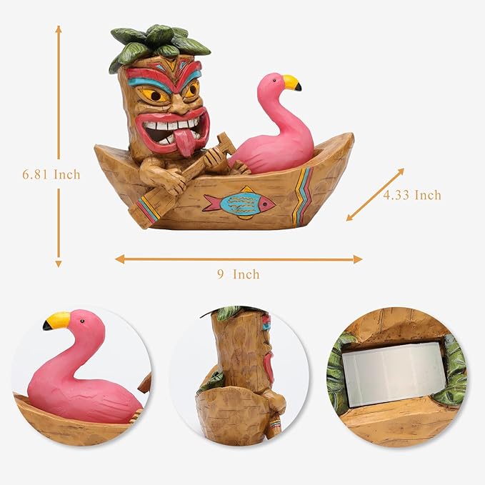 Solar Tiki Statue Outdoor Decor-Tiki Bar Decor -Outdoor Tiki Statue Decoration for Garden,Lawn,Balcony,Yard,Tiki Flamingos Boating Hawaiian Tropical Decor Figurine Gift
