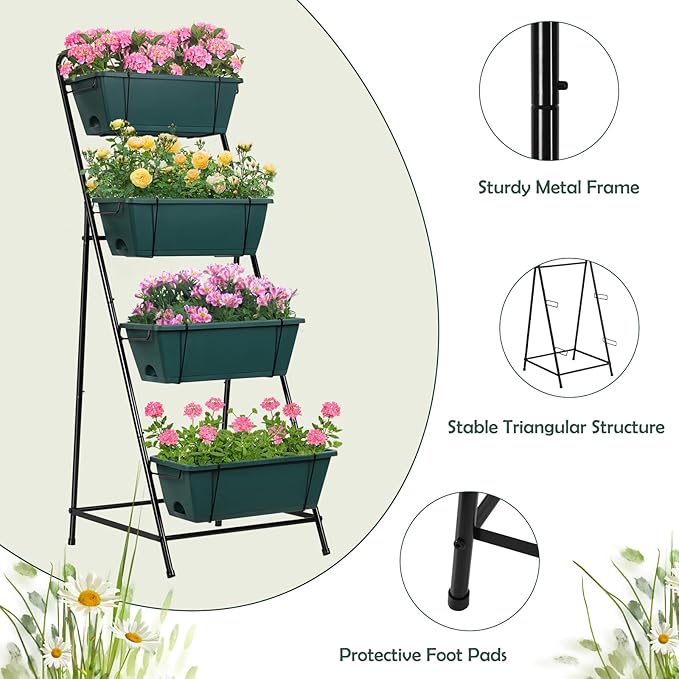 Raised Garden Bed 4 Tier Vertical Garden Planter Herb Garden Planter Outdoor with Drainage Holes Removable Tray for Patio Balcony Porch (Green)