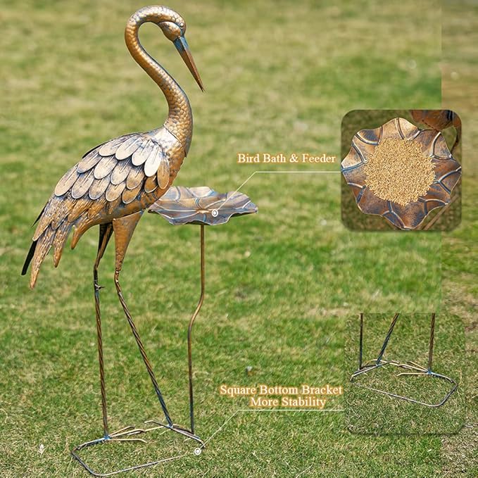 Large Heron Garden Statue, 42'' Crane Outdoor Statue with Birdbath, Crane Metal Yard Art for Porch Backyard Patio Lawn Decor (Golden)