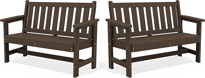SERWALL Outdoor Bench, HDPE Outdoor Benches Weatherproof, 2-Person Garden Bench with 660 lbs Weight Capacity, Patio Benches for Outdoors, Garden, Porch, Backyard and Park, Coffee, 2 Pack