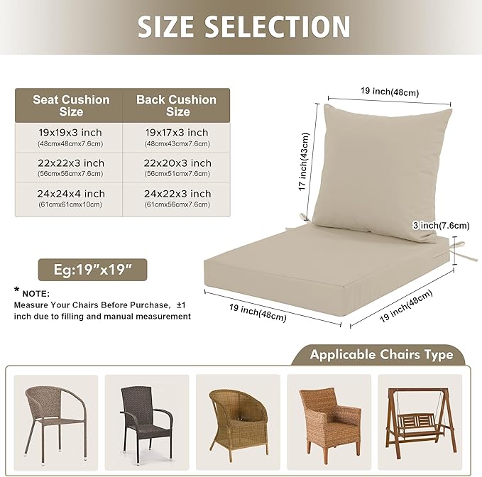 24x24 Inch Outdoor Cushions for Patio Furniture Set of 2, Waterproof Outdoor Chair Cushions w/Fade-Resistant, Removable & Machine-Washable Covers, Deep Seat Sofa/Couch Pad Replacement, Cream