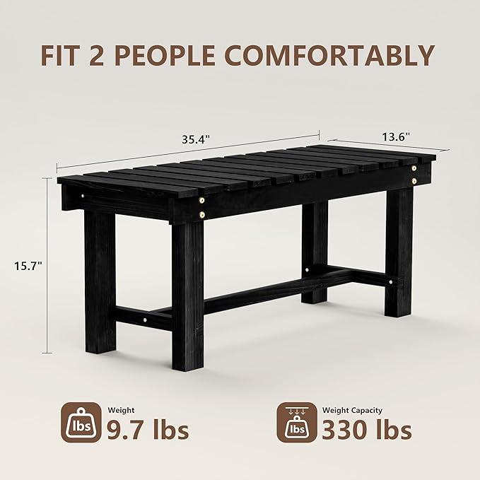 Nidouillet Outdoor Garden Bench, Weatherproof Patio Benches 2-Person Seat Backless Wooden Porch Bench, Multifunctional Slat All Weather Bench for Garden Lawn Porch Park Backyard (Black, 35.5 inch)