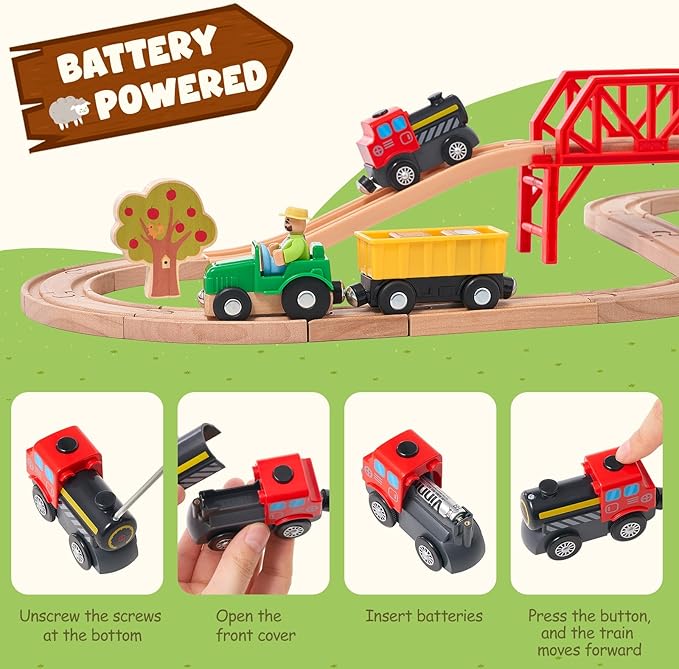 Giant bean 42PCS Wooden Farm Train Set for Toddler, Battery Operated Train Railway Track with Bridge, Barn, Animals,Tractor Cargo, Compatible with Most Brand,Toy Gift for Kids Boys Girls Age 3-8