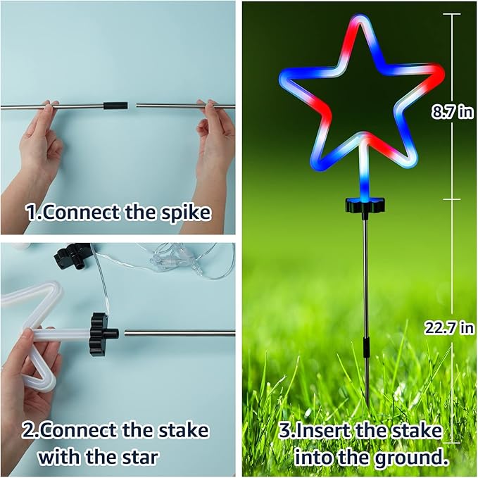 BlcTec 4th of July Decorations, 4PCS Red White and Blue Lights with Stainless Steel Stakes, 4 Big LED Neon Stars Patriotic Lights with Waterproof for Independence Day Garden Yard Lawn Decor, Plug in