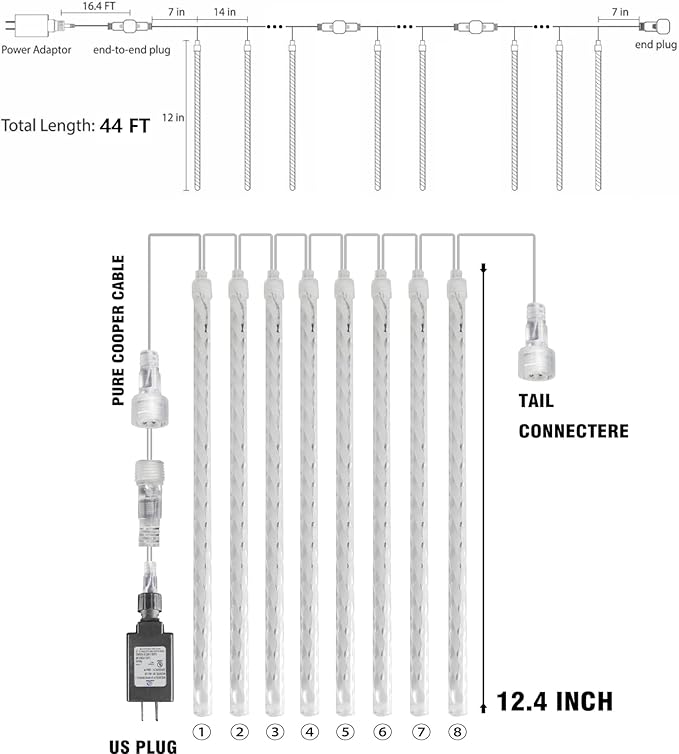 TW SHINE Christmas Meteor Shower Lights Outdoor, 864 LED 12" 24 Tubes Waterproof Christmas Lights Outdoor Plug in, Snow Falling Rain Icicle Xmas Lights Decorations, White