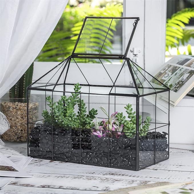 NCYP Glass Terrarium Planter with lid for Small Succulent Cacti - 9.84" x 5.31" x 7.87" Grid House Shape Geometric Planter Pot, Home Garden Indoor Tabletop Decor, Black (No Plants)