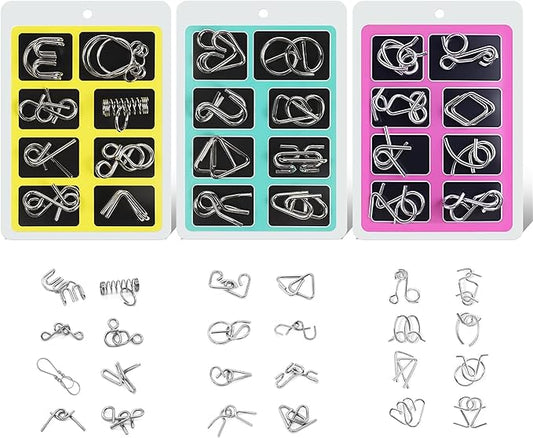 Metal Wire Puzzle Set，Brain Teaser Metals Puzzle ，Chinese Ring Magic Trick Toy for Party Favor Kids 7-14 and Adults Challenge (A+B+C（Metal）)