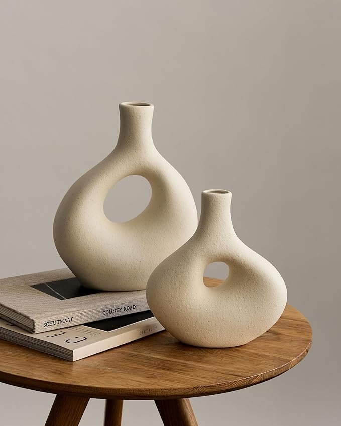 NOBULA White Ceramic Donut Vases – Modern Home Decor for Living Room, Bedroom & Table Centerpiece - Minimalist Nordic – Unique Vases for Olive Plant & Flowers – Decorative Coffee Table Vase Set of 2
