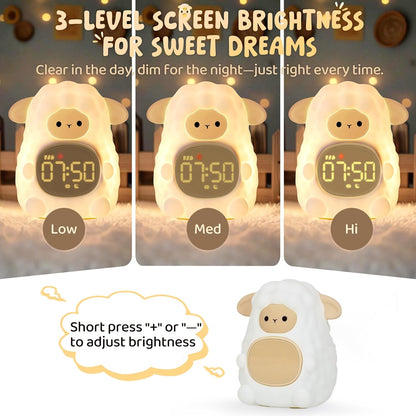 Sheep Alarm Clock with Night Light for Kids with Sleep Training and Sound Machine, Rechargeable Silicone Lamp OK to Wake Clock，Cute Animal Tabletop Lamp, Perfect Sleep Companion for Boys Girls, Khaki