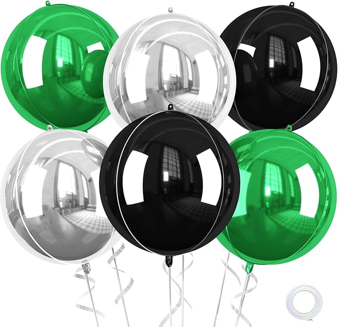 Green Silver Black Giant Foil Balloons, 6 Pcs Large Metallic Green and Black Round Balloons, 22 Inch Big Round Foil Balloon for Birthday Party Baby Shower Graduation Prom Wedding Decorations
